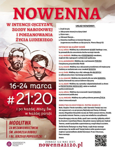 Nowenna w intencji Ojczyzny, zgody narodowej i poszanowania życia ludzkiego.